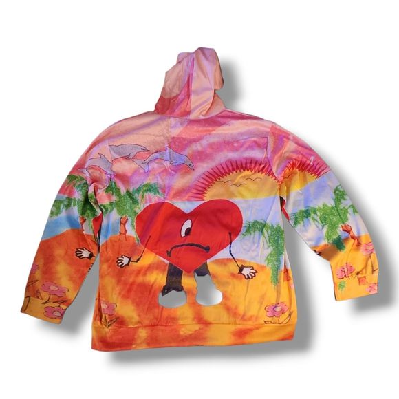 XXL, Heart Dolphin Unisex Hoodie, Bad Bunny Pullover Sweater Wrap Around Graphic - Picture 5 of 6